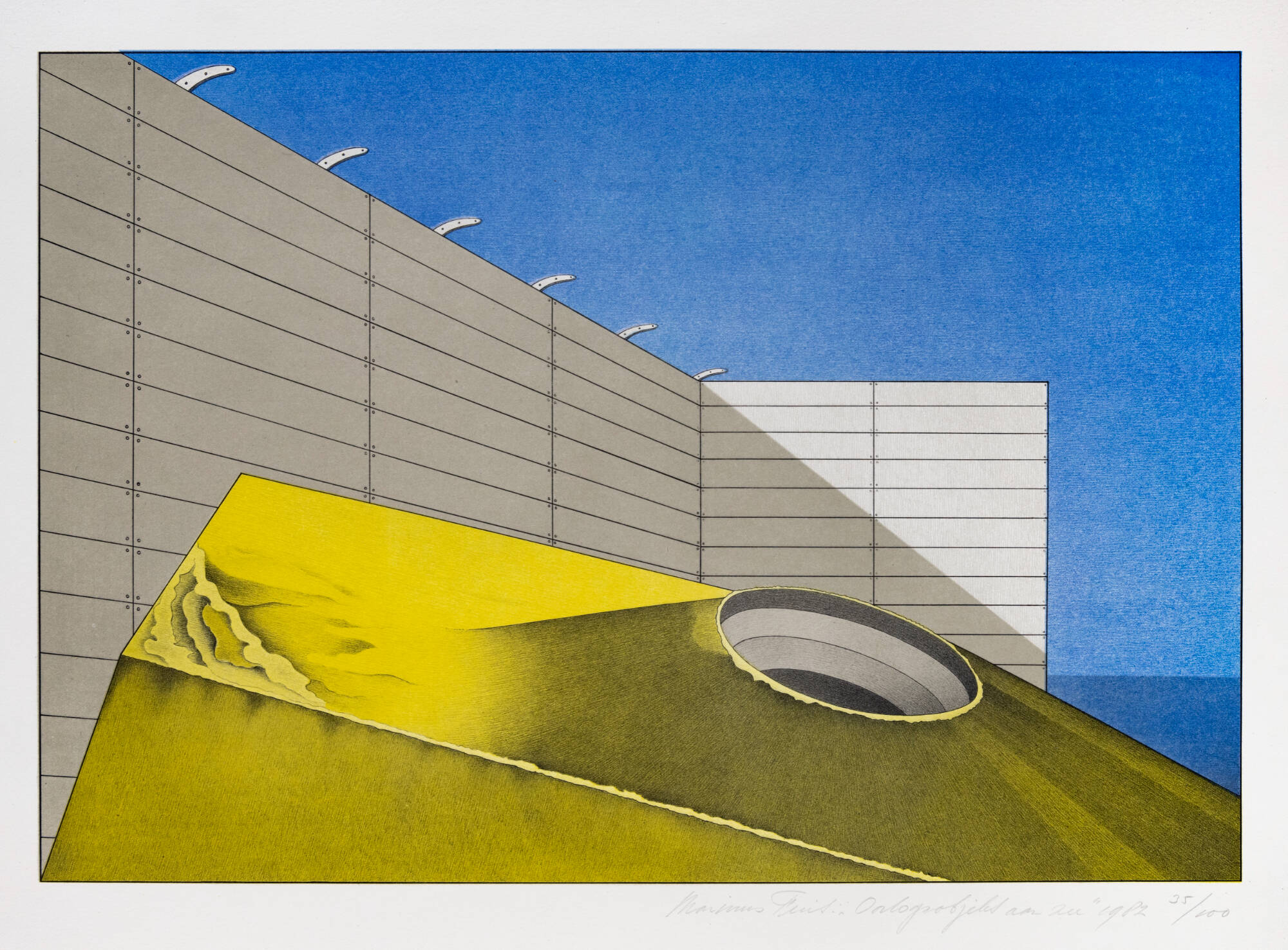 Abstract print of a white fence like shape again a bright blue background. Yellow shape along the bottom.